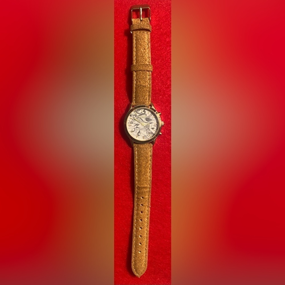 Decree Watch Tan Cork Patterned Band Gold Trim Bird Design On Face Vintage